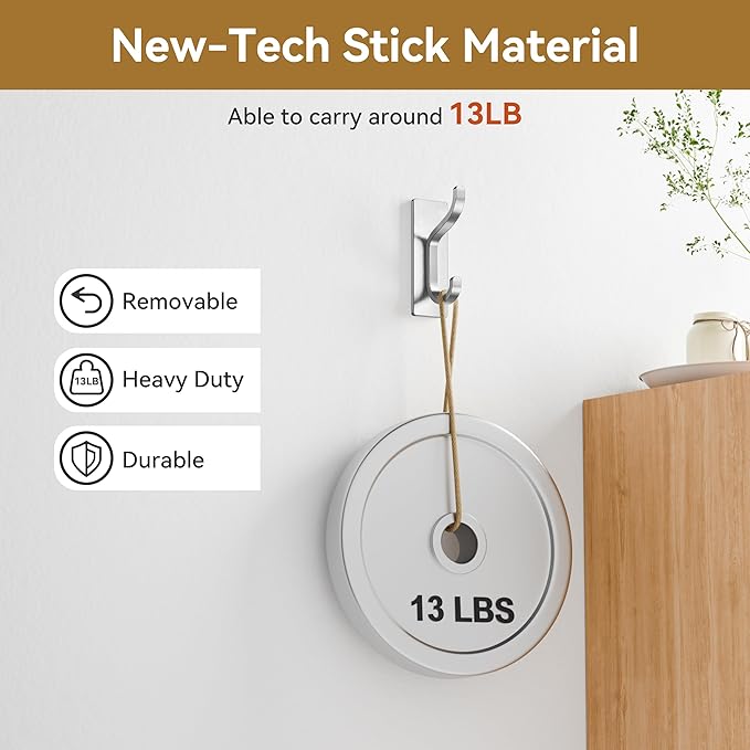 pickpiff Adhesive Wall Hooks for Hanging Towels - Heavy Duty Stick On Hooks, Strong Hold up to 13 lbs, Hangers for Coats, Bags, Purses, Ideal for Door, Closet, or Bathroom, Brushed Silver,4 Pack