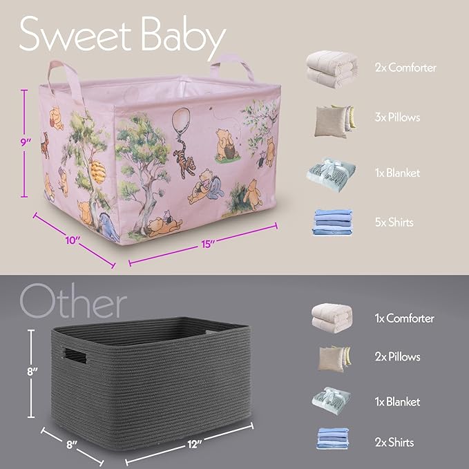 Sweet Baby Classic Winnie Pooh Storage Nursery Basket With Hard Bottom Large Square Canvas Cotton Laundry Hamper Bin Waterproof Foldable Bathroom and Bedroom Stuff Clothes Toys Vintage Decor (Pink)