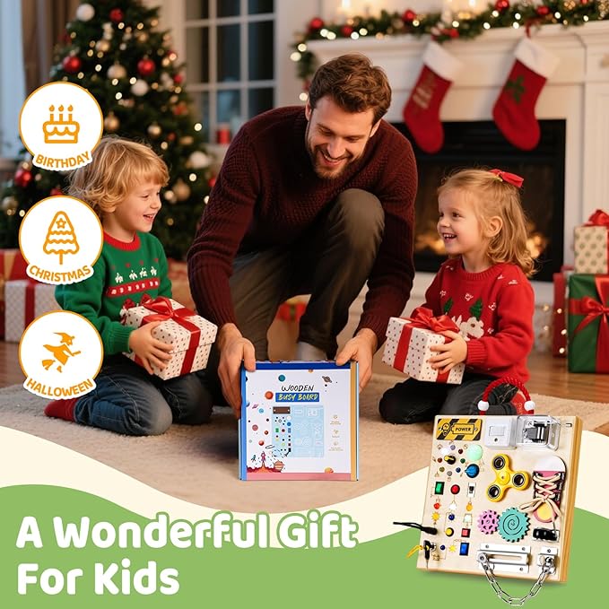 GNAYUIJ Montessori Wooden Busy Board Toys for 1 2 3 Boys Girls,Toddler Sensory Educational Fidget Board Travel Toy with LED Light Up Switches & Music Boxes, Locks for Kids Gifts