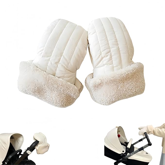 Winter Baby Stroller Hand Muffs, Waterproof Windproof Warm Gloves with Lamb Wool Lining, 12x6 Inch Oversized Stroller Handle Warmers with Magic Tape (White)