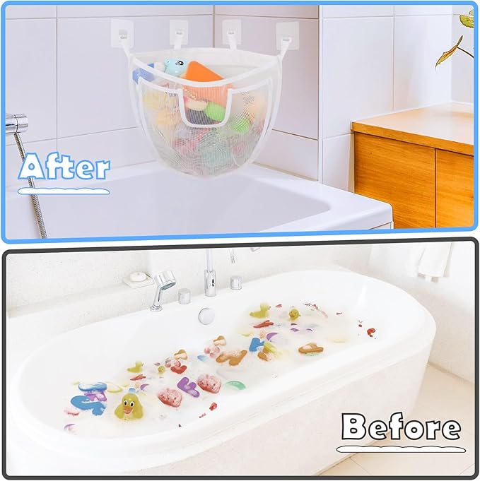 Bath Toy Storage, Large Capacity Bath Toy Holder with Bottom Zipper, Quick Release Bathtub Toy Storage with Large Pocket, Corner Mesh Bath Toy Organizer Basket Bin for Bathroom Toys - White