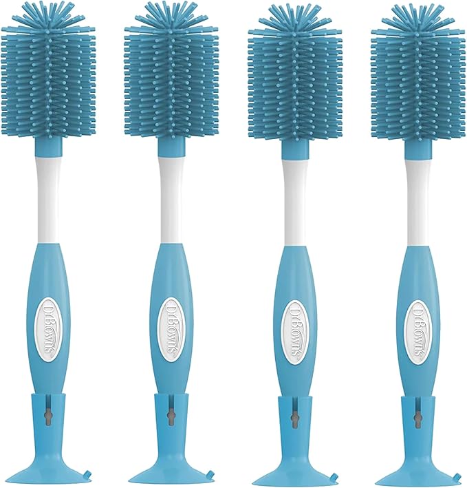 Dr. Brown's Soft Touch No Scratch Baby Bottle Cleaning Brush, Nipple Cleaner & Suction Cup Base for Easy Storage, BPA Free, Blue (Pack of 4)