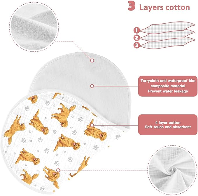 1 Pack Muslin Burp Cloths Golden Dogs Paw Prints White Cotton Baby Burp Cloths Absorbent Burping Cloth Soft Spit Up Rags for Newborn Boys Girls 22x11 Inch