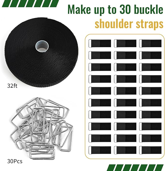 1.5 Inch x 32 Ft Cable Tie with Hooks, 30 Metal Buckles, Adjustable Reusable Securing Cord Ties, Freely Cut-to-Length Cinch Strap, Suitable for Organization and Storage