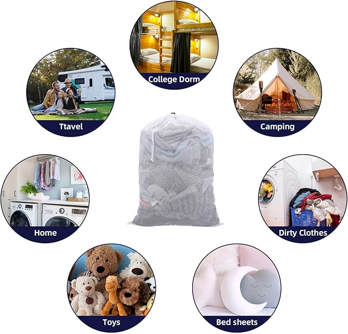 12 Pack Mesh Laundry Bag with Drawstring Closure, 24" x 35" Heavy Duty Extra Large Laundry Bags for Travel, Storage, College, Dorm and Apartment Dwellers, Machine Washable