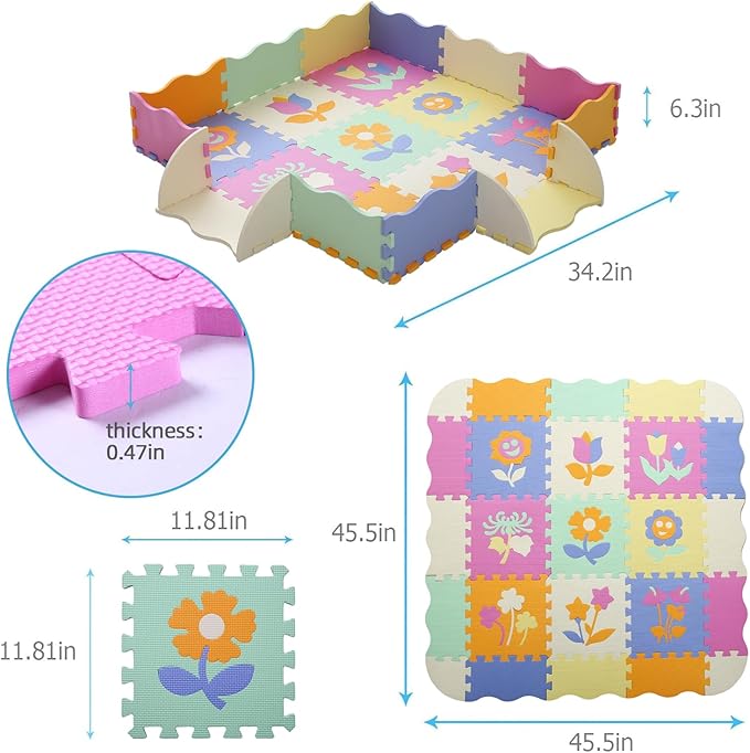 Tamiplay Foam Play Mat for Kids，25Pcs Square Interlocking Puzzle Floor Mat，Baby Play Mat Floor Mat Foam Puzzle Playmat for Toddlers with Fence（Flower-CSH037