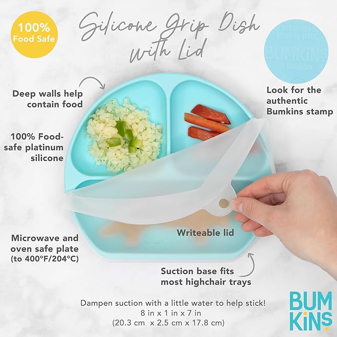 Bumkins Toddler and Baby Suction Plate, Silicone Divided Grip Dish and Lid, Babies and Kids, Baby Led Weaning, Children Feeding Supplies, Non Skid Bottom, Platinum Silicone, Ages 6 Months Up, Marble
