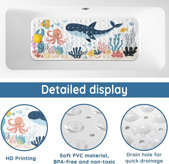 LNOND Bath Mat for Tub for Kids, Toddler Bathtub mat Non Slip, Whales and Coral Kids Bath Mats for Bathroom Non Slip with Drain Holes and Suction Cups,Machine Washable (40 X 16 Inch)
