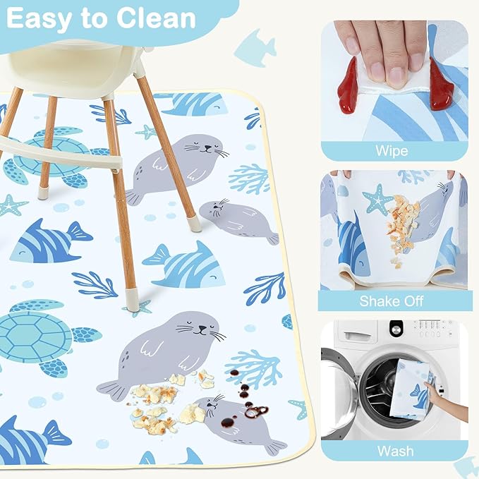 Splat Mat for Under High Chair 42 x 42 Inch Waterproof Baby Splash Mat with Non Slip Bottom Reusable Portable Highchair Mat for Floor Food Catcher for High Chair, Blue Ocean