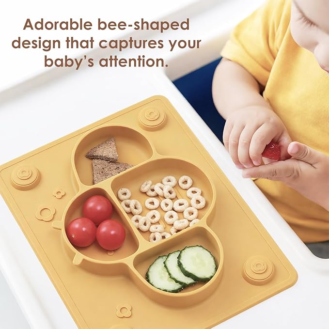 ROCCED Suction Plates for Baby placemat Spoon Fork Set for Toddlers, Silicone Baby Plates with Suction Baby Dishes for Kids Plates-Dusty blue