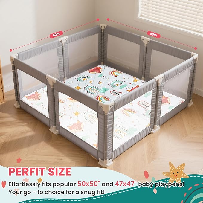 Duwenem Baby Play Mat for Floor,50x50 Inch Soft Foam Padding Crawling Mat for Playpen, Foldable and Machine Washable, Thick for Babies & Toddlers,Rainbow Fox