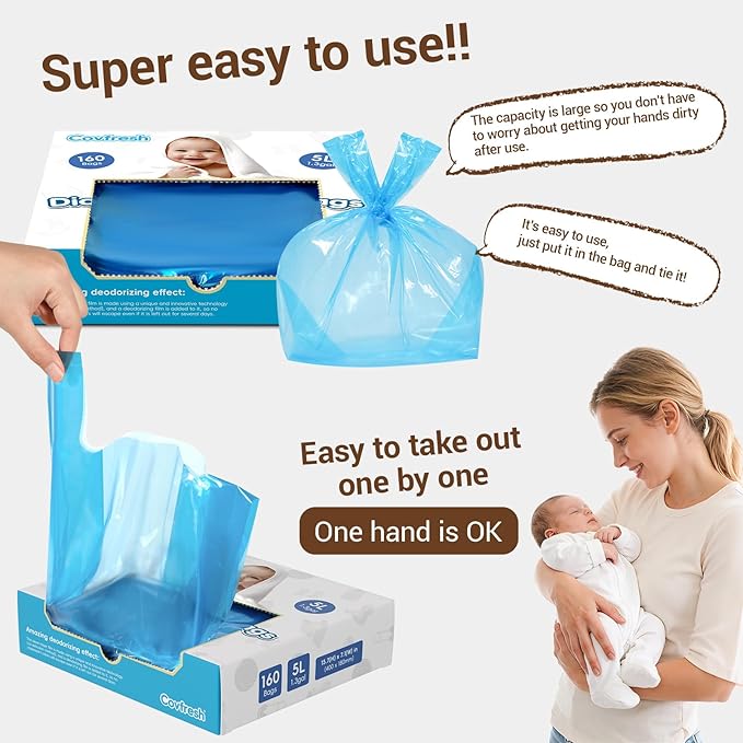 Odor Sealing Diaper Disposable Bags with Tie Handle, 160 count | Large Capacity, Unscented & Durable Diaper Trash Bags for Home & Baby Travel Use (Color:Blue)