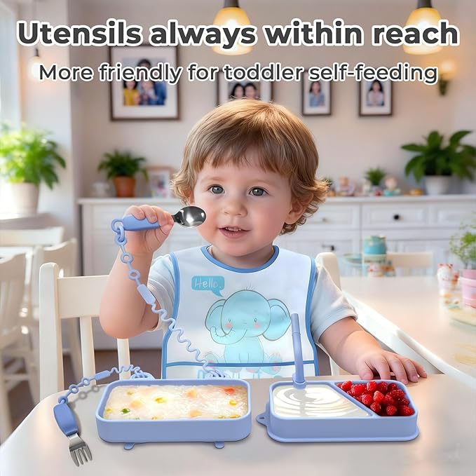 Travel Silicone Baby Feeding Set, 9pcs Portable Feeding Supplies, Toddler Suction Plates, 316 Stainless Steel Spoon & Fork, Silicone Baby Toy Straps, Lightweight Foldable Bib, Straw, Storage Bag