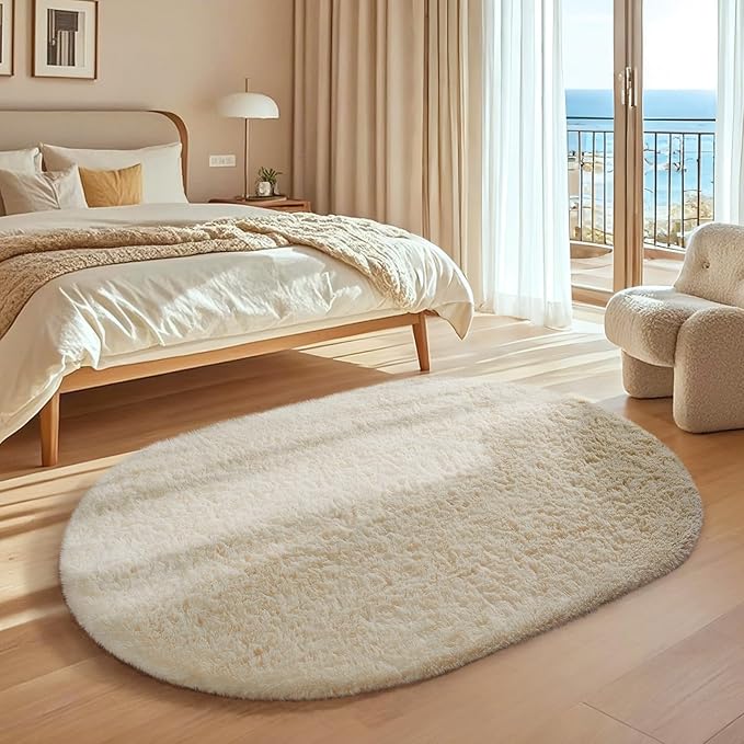Ophanie 4x6 Ivory Oval Rugs for Bedroom Living Room, Fluffy Fuzzy Furry Carpet, Plush Soft Shaggy Bedside Indoor Floor Area Rug for Kids Girls Boys Baby Teen Dorm Nursery Home Decor Aesthetic