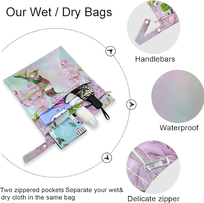visesunny Bird Hummingbird Cherry Blossoms Spring 2Pcs Wet Bag Washable Reusable Roomy for Travel,Beach,Pool,Daycare,Stroller,Diapers,Dirty Gym Clothes, Wet Swimsuits, Toiletries