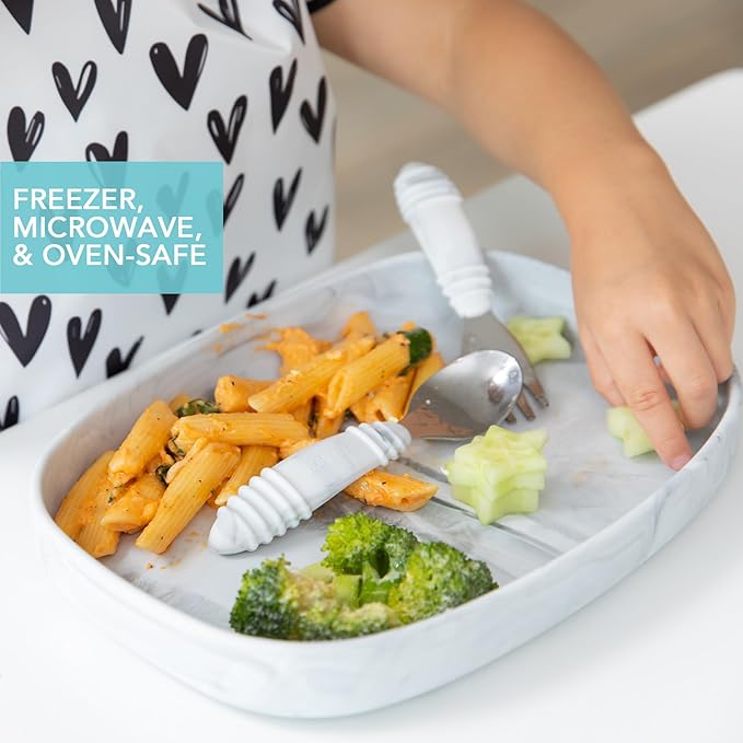Bumkins Toddler and Baby Suction Plate, Silicone Grip Dish Large Tray for Big Kids, Fits Most Highchairs, Essential Children Feeding Supplies, Non Skid Sticky Bottom, Platinum Silicone, Marble
