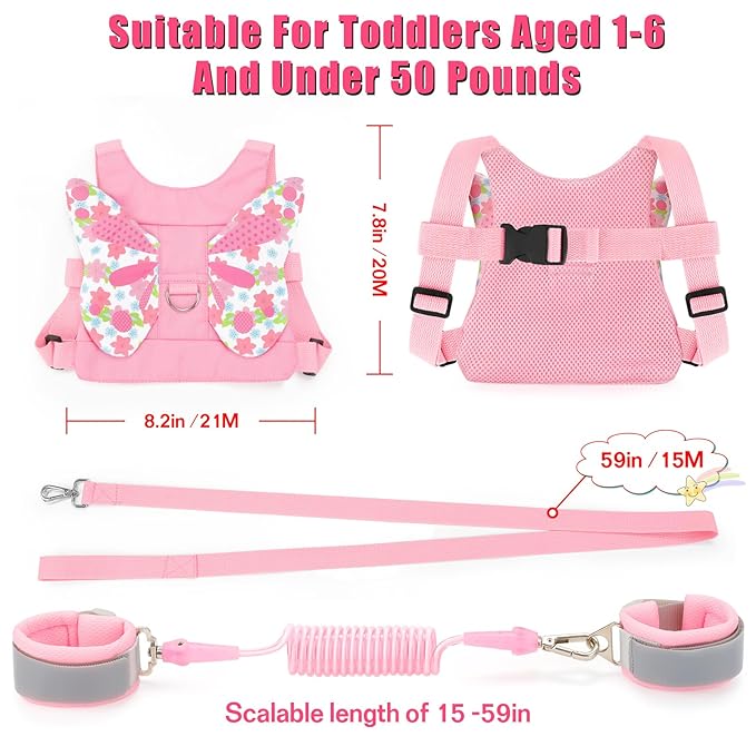 Toddler Leash Anti Lost Wrist Link, Butterfly Kids Safety Harness with 49 Steel Wires for Girls, Walking Wristband Belt for Baby Travel Outdoor Airport Mall Zoo