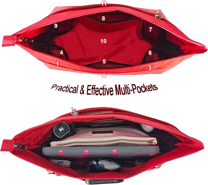 Time Wing Handbag Tote Purse Organizer Insert Bag Liner Shaper Divider Zipper 11 Pockets Compartments Small Red
