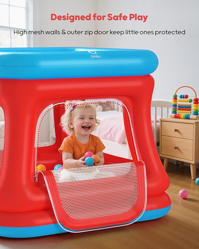 QPAU 3-in-1 Inflatable Bounce House for Toddlers 1-3, Ball Pit & Trampoline, Inflatable Bouncy House with Safety Net, Indoor & Outdoor Bubble Bouncer (Blue & Red)