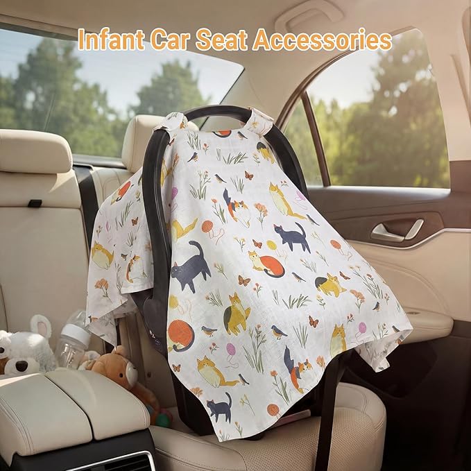 Metplus Car Seat Cover Baby, 100% Muslin Cotton Infant Carseat Covers for Boys and Girls, Lightweight Breathable Canopy, Summer Stroller Sun Shade, Newborn Travel Essentials(Cat)