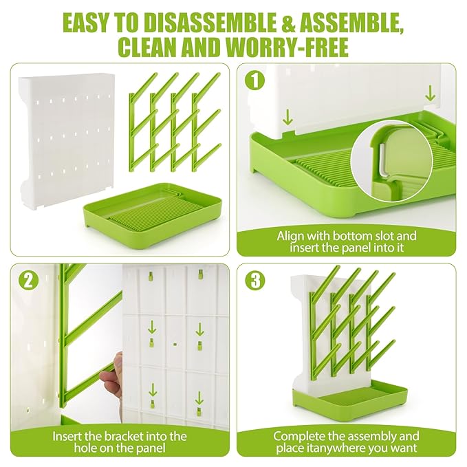Baby Bottle Drying Rack, Space Saving Baby Bottle Organizer for Countertop, Vertical Bottle Dryer Holder with Brushes Holder, Large Bottle Storage Holder 12 Bottles & Baby Accessories Green