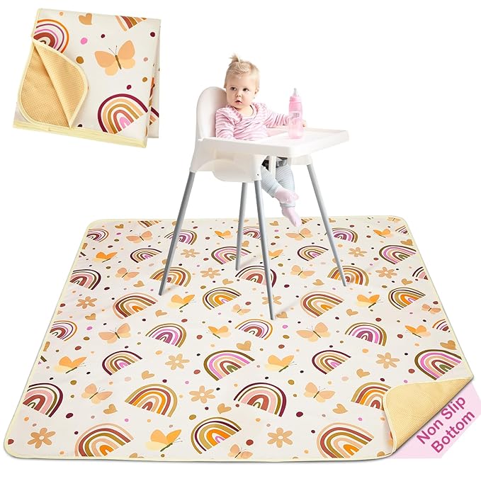Basumee Splat Mat High Chair Mat Waterproof Baby Play Splat Mat for Under High Chair Food Catcher Highchair Mat for Floor Non Slip Bottom, Brown Rainbow, 60x60 Inches