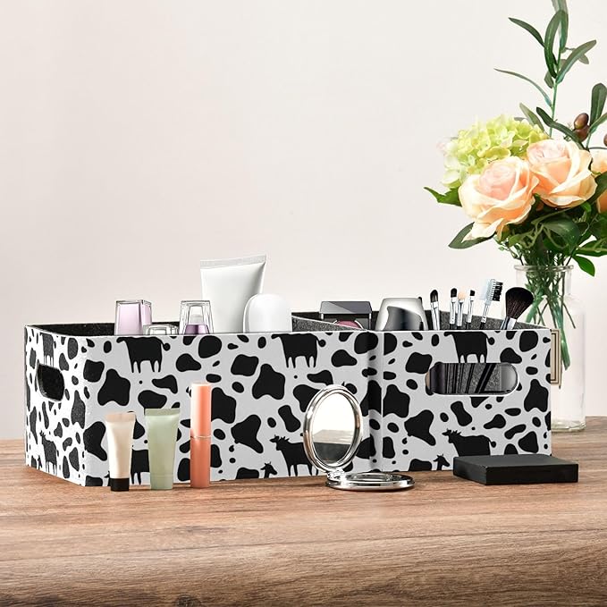 Kcldeci Cow Print Storage Bins - 2Pack Foldable Baskets for Organizing, Black & White Cow Pattern Animal Skin Print Sturdy Baskets for Shelves, Closet, Nursery, Toy