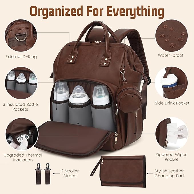 ROSEGIN Premium Vegan Leather Diaper Bag Backpack with Waterproof Changing Pad – Reinforced Stitching & Zippers, Baby Bag for Boy Girl, Stroller Straps, Fits 15.6" Laptop for Work Moms, Dark Brown