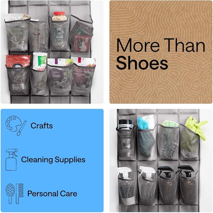 GORILLA GRIP Over the Door Shoe Organizer, 12 Large Breathable Mesh Pockets, Space Saving Hanging Storage Holder, 2 Hook Closet Rack Hanger, Hangs on Closets for Shoes, Accessories, 64H x 9.5W Gray