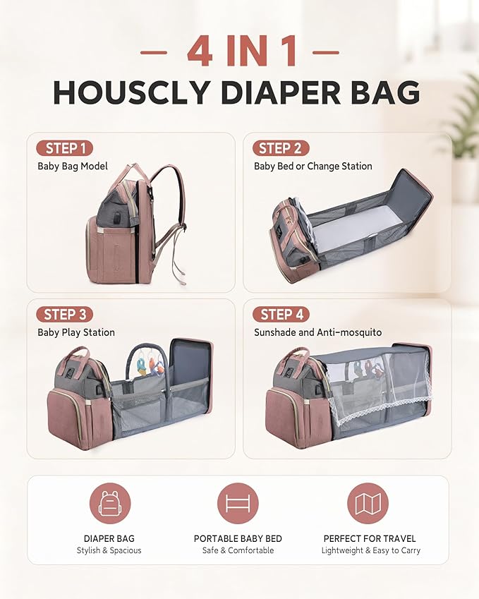 houscly Diaper Bag Backpack with Changing Station: Pink Baby Bags for Girls Boys New Mom Gifts Pañaleras Para Bebe Baby Girl Newborn Essentials Must Haves Baby Shower Gifts Baby Registry
