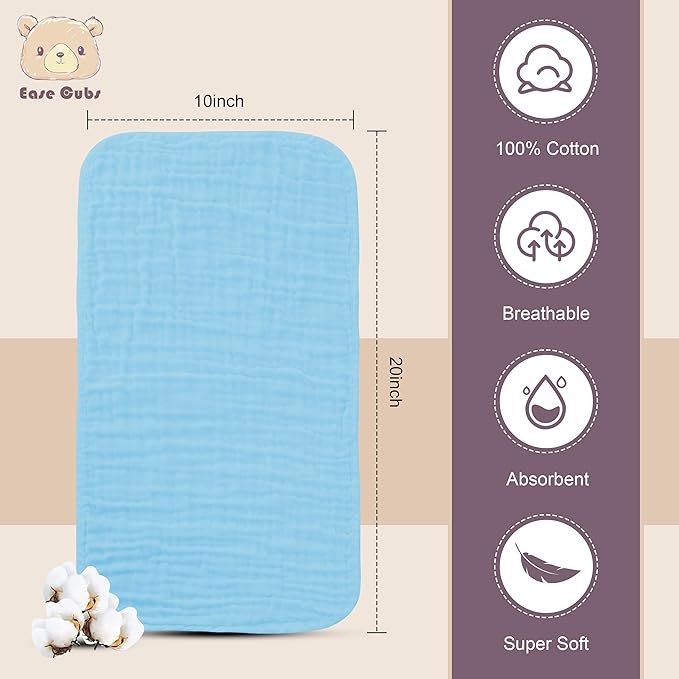 Ease Cubs Muslin Burp Cloths Large 100% Cotton Hand Washcloths for Boys & Girls, Baby Essentials Extra Absorbent and Soft Burping Rags for Newborn Registry (Aqua, 12-Pack, 20" X10")