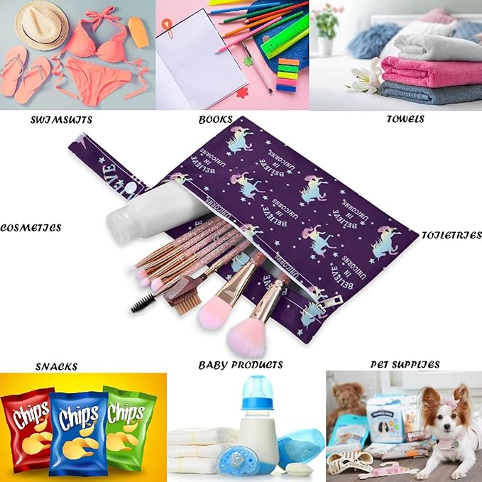 visesunny Believe in Unicorn 2Pcs Wet Bag with Zippered Pockets Washable Reusable Roomy Diaper Bag for Travel,Beach,Daycare,Stroller,Diapers,Dirty Gym Clothes,Wet Swimsuits,Toiletries