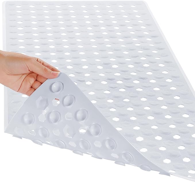 Yimobra Bathtub Mat Non Slip, 27.5"x15.5" Machine Washable Shower Floor Mat, Soft on Feet, Bathmat with Drain Holes and Suction Cups, Bathroom Essentials, White