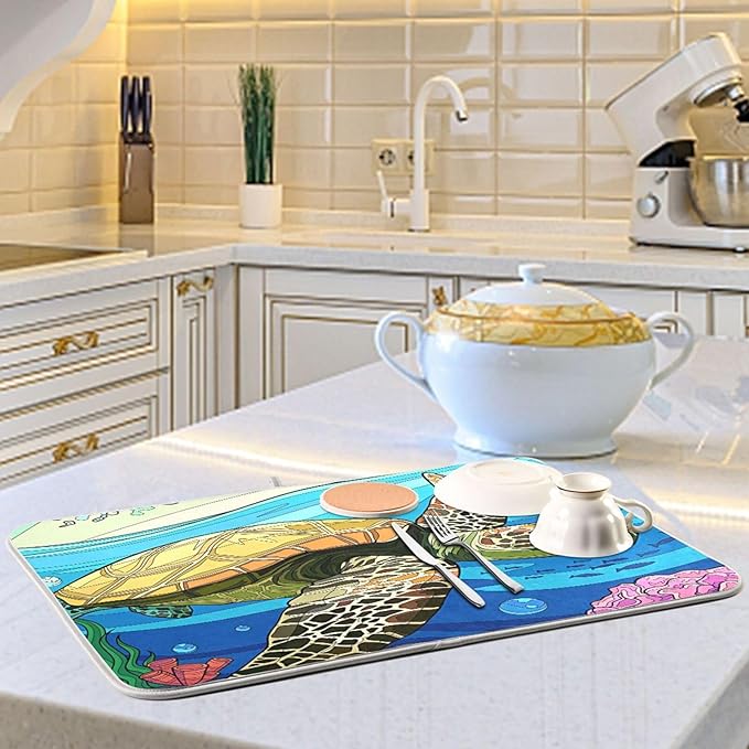Absorbent Dish Drying Mat for Kitchen Counter - Blue Turtle Microfiber Drying Pad, Reversible Drainer Mats for Countertop, Small 16" x 18"