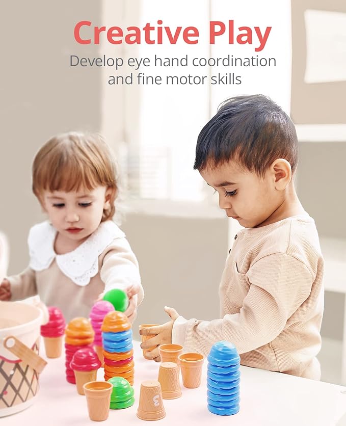 JoyCat Ice Cream Preschool Learning Activities Counting and Color Sorting Set Stacking Toys for Kids 3-5, Educational Fine Motor Skills Toys, 65PCS Math Manipulatives Resources Food for Valentine Gift
