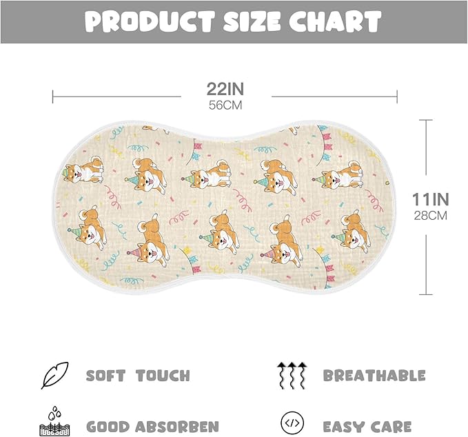 Qinllo 4 Pack Muslin Burp Cloths Shiba Dogs Party Beige Cotton Baby Burp Cloths Ultra Absorbent Soft Thick Burping Cloth for Newborn Baby Boys Girls 22x11 Inch