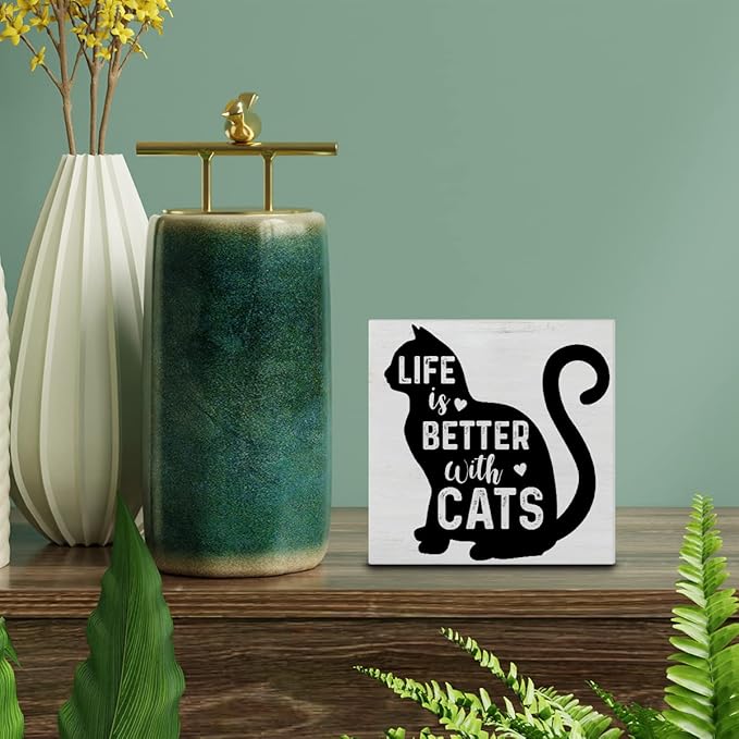 Life is Better with Cats Wood Box Sign Decor Desk Sign Cat Quote Wooden Box Block Sign Rustic Home Shelf Wall Decoration