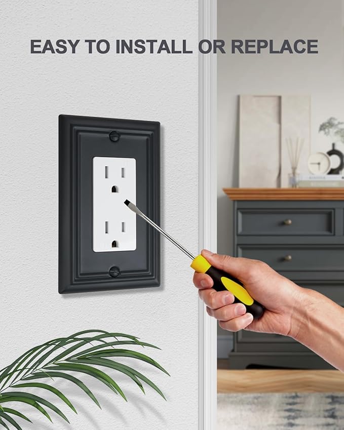 4-Pack Decorator Outlet Covers, Decorative Black Wall Plates, Metal Outlet Cover Plates for Receptacle, GFCI, Dimmer Switch, 3.15''*4.88'', Midsize