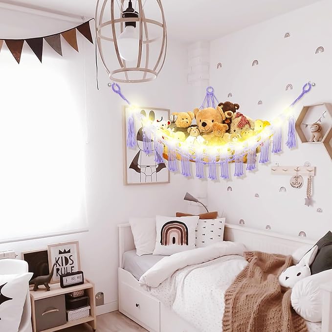 CERETIA Stuffed Animal Hammock with LED Light, Large Stuffed Animals Storage Corner Plushie Net for Kids Room Decor, Jumbo Purple