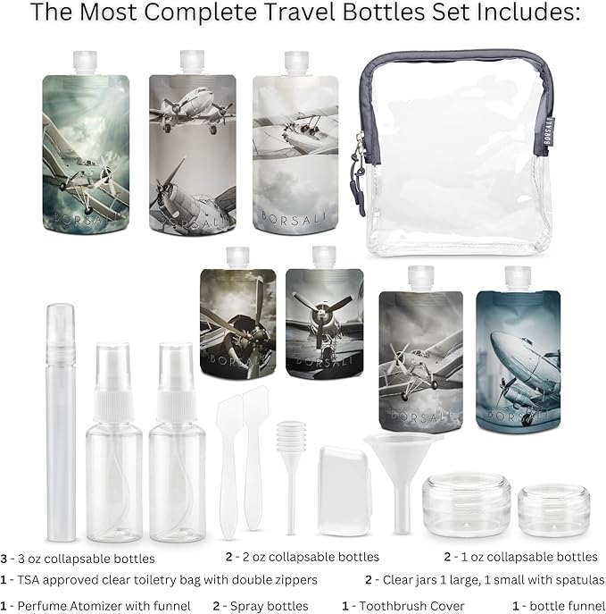BORSALI Travel Pouches for Toiletries, Portable Flat Pack Squeeze Containers for Shampoo & 3-1-1 Liquids, Empty Travel Size Essentials for Women - 18 Piece Set with TSA Approved Bag