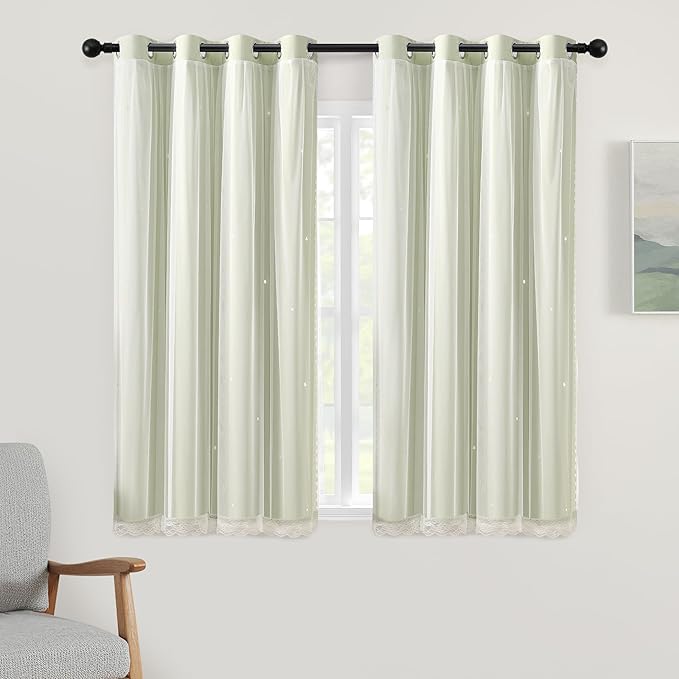 XiDi Green Short Blackout Curtains for Bedroom 54 Inches Long 2 Panels Set, Hollw Star Design, Thermal Insulated Energy Saving Window Treatment Curtains Blackout Drapes, W34 x L54 Inch, Sage Green
