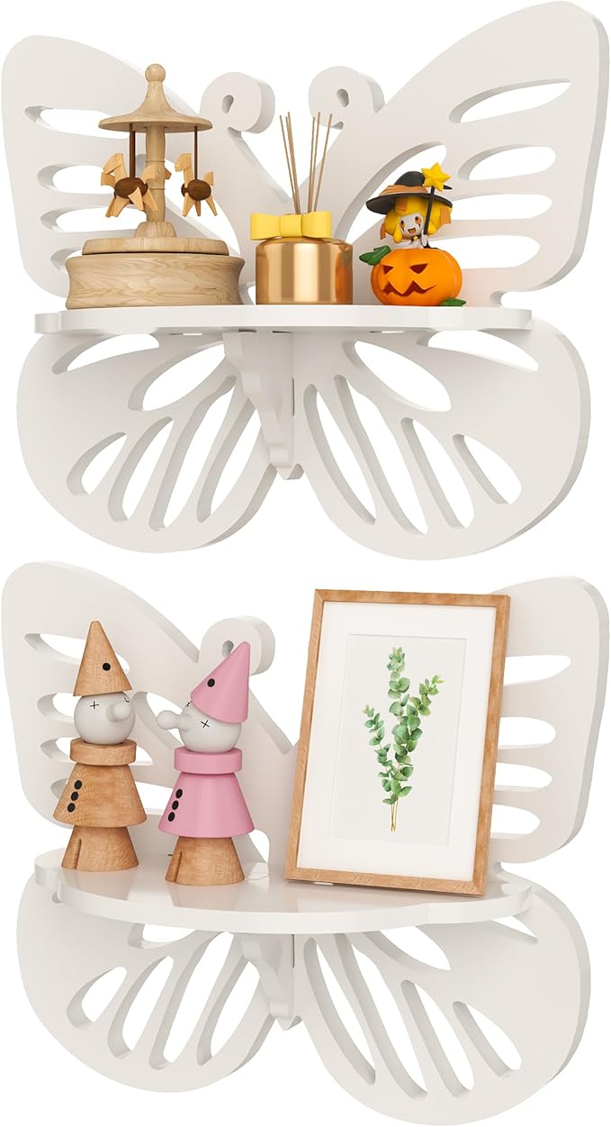 Beskadi White Butterfly Shelves 2 Tier - Nursery Wall Deor Floating Shelf, Cute Wall Display Rack for Kid’s Room, Small Decorative Shelf Wall Mounted, Hanging Wall Shelf for Toys, Plants Storage.