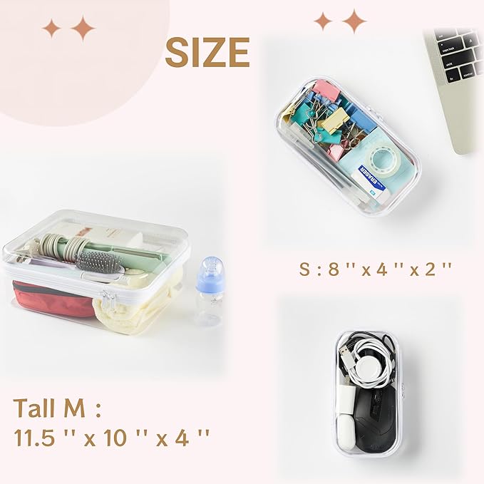6 pcs Zipper Pouches, Hard Shell Toiletry Bag, Stackable Travel Organizer, Cosmetic Bags, Transparent Diaper Bag, Storage Cases (Tall M + 5S)