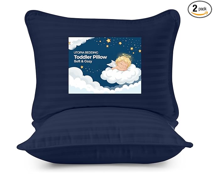 Utopia Bedding Toddler Pillow (Navy Blue, 2 Pack), 13x18 Small Kids Pillow for Sleeping, Soft and Breathable Cotton Blend Shell, Ideal for Toddler Bed and Travel (Intended for Age 2 and up)
