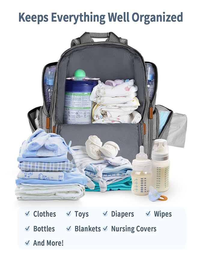 Mancro Diaper Bag Backpack, Multifunctional Baby Diaper Bag Backpack For Men Women with Stroller Straps, Travel Water Resistant Baby Diaper Backpack with 2 Side Insulated Pockets, White Grey