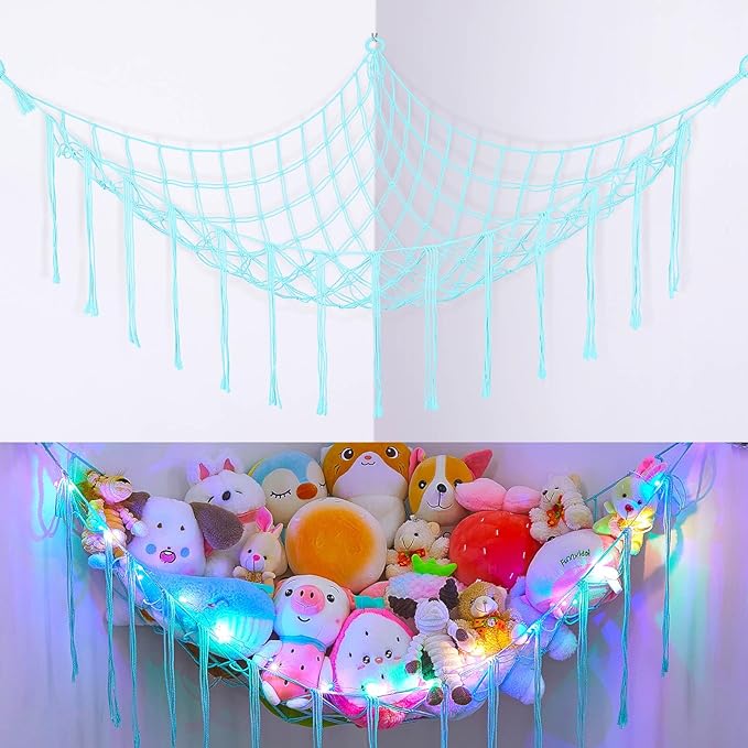 Basumee Stuffed Animals Net or Hammock with LED Light, Hanging Stuffed Animals Storage Toy Hammock Net Corner Wall Girls Room Decor Toy Storage Organizer, Light Aqua Green, L