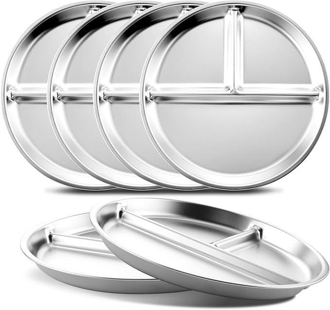Bakpoco Stainless Steel Kids Plates Set of 6, 9" Portion Control Plates Divided Plate for Adults Toddlers Balance Lunch, Bariatric & Diabetic Diet, Non Toxic Camping Metal Snack Plate for Eating