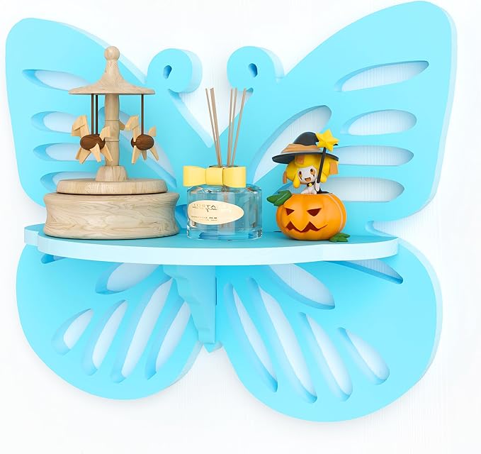 Butterfly Shaped Nursery Wall Deor Floating Shelf, Small Decorative Shelf Wall Mounted, Cute Wall Display Rack for Kid’s Room, Hanging Wall Shelf for Toys, Plants and Decorations Storage,Light Blue