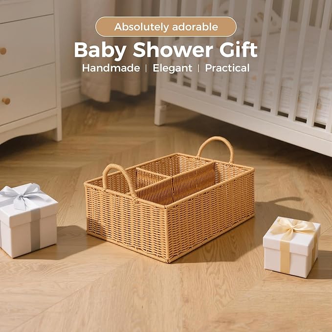 Diaper Caddy Organizer, Hand Rattan Nursery Baby Basket Changing Table Organizer for Baby Essentials, Baby Shower Gifts, Versatile Shelf Basket Bathroom/Kitchen Organizer (PE Rattan, L)