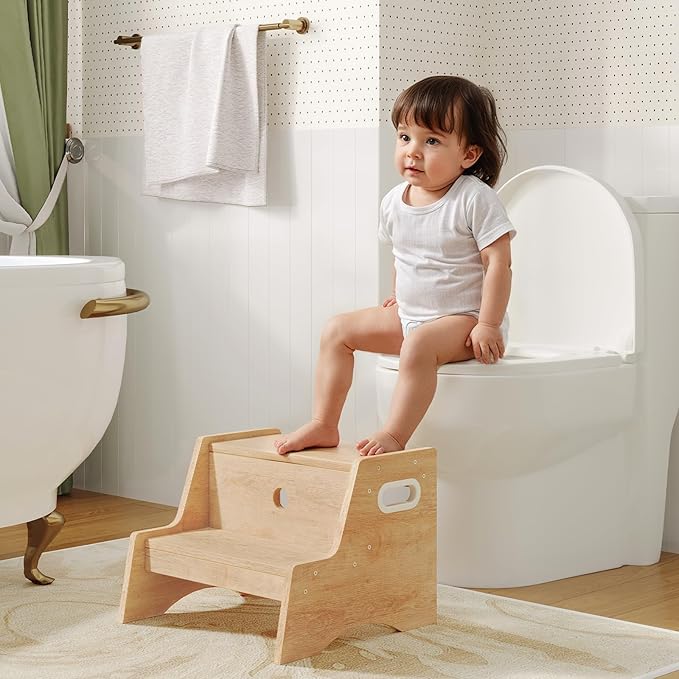 HOOBRO Wooden Step Stool, Two Step Stools Toddler for Potty Training, Natural Two Step Stool for Bedroom, Kitchen, Bathroom, Children's Stool with Handles and Safety Non-Slip Pads, Natural NL05JD01